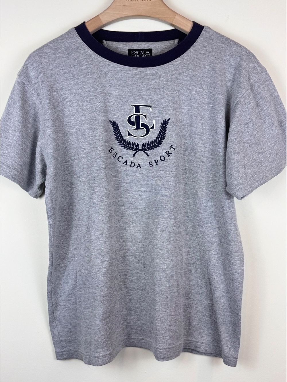 Vintage Escada Sport Gray Cotton Embroidered Crest Logo T Shirt Y2K Luxury